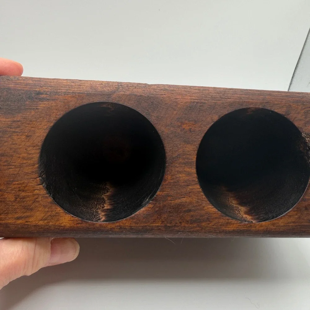 VTG Primitive Hand Carved Wood 2 Hole Sugar Mold Candle Or Makeup Brush Holder
